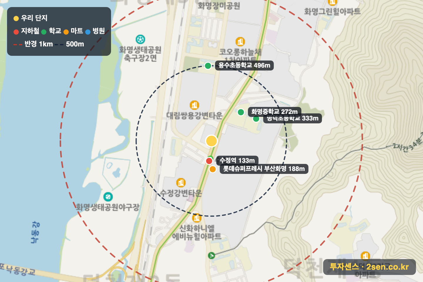 화명2차동원로얄듀크비스타 반경 1km 입지 지도(지하철·학교·마트)