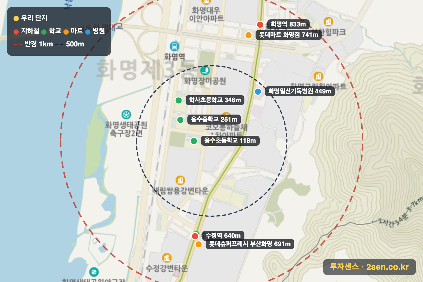 화명2차현대 반경 1km 입지 지도(지하철·학교·마트)