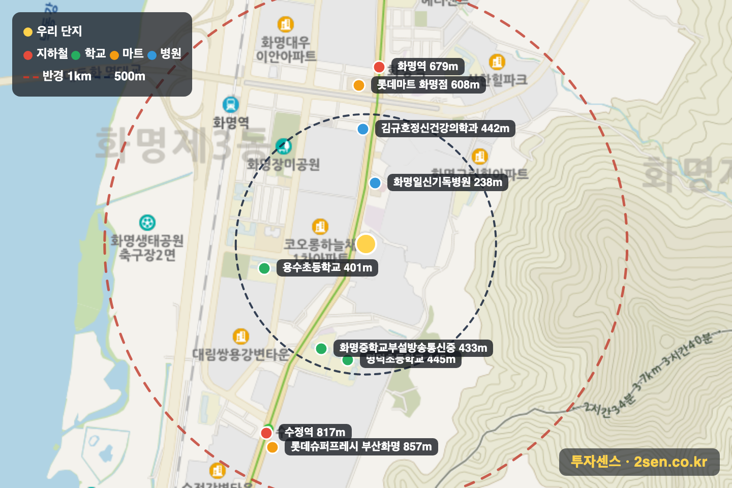 화명동롯데캐슬멤버스 반경 1km 입지 지도(지하철·학교·마트)