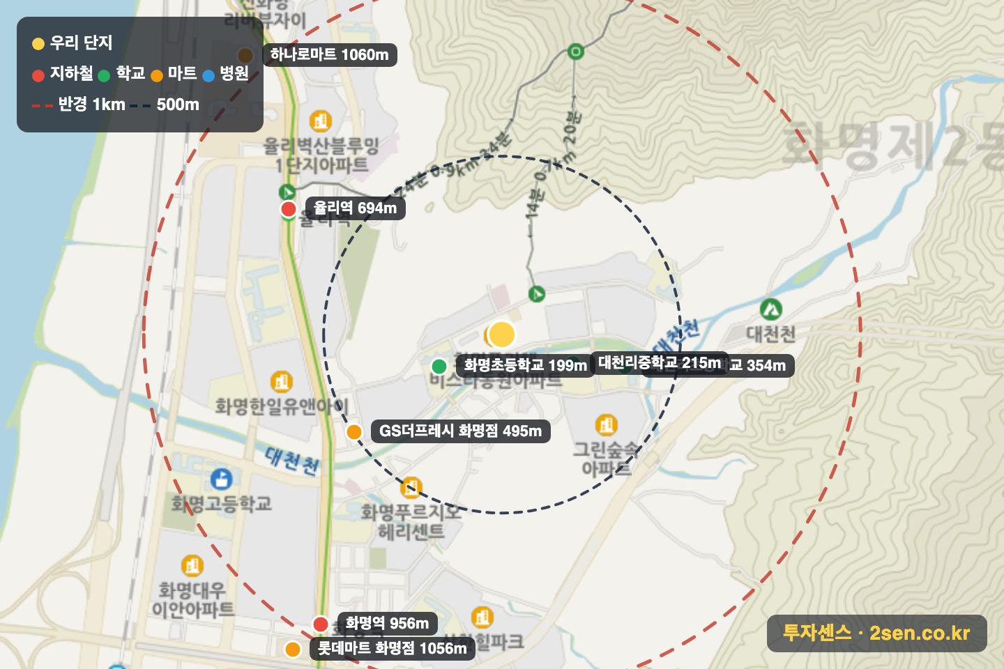 화명플리체비스타동원 반경 1km 입지 지도(지하철·학교·마트)