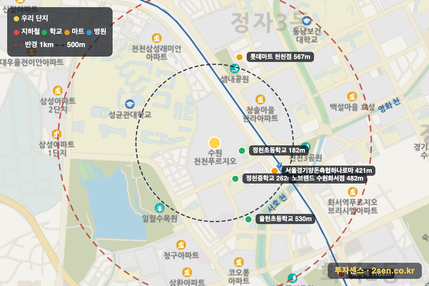 화서역푸르지오더에듀포레 반경 1km 입지 지도(지하철·학교·마트)