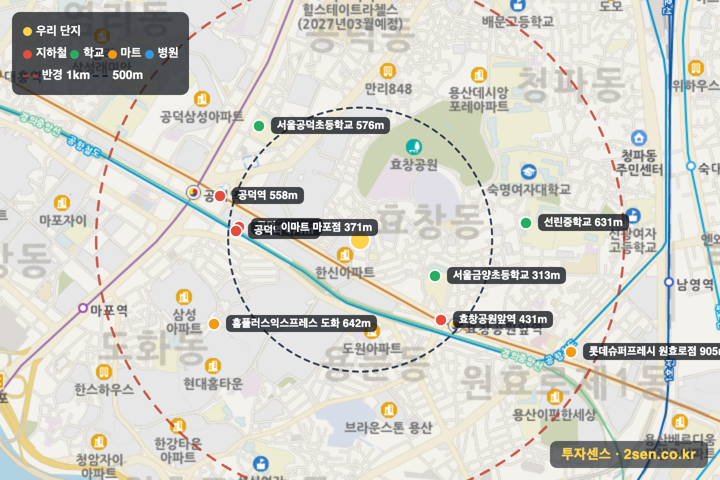 효창한신 반경 1km 입지 지도(지하철·학교·마트)