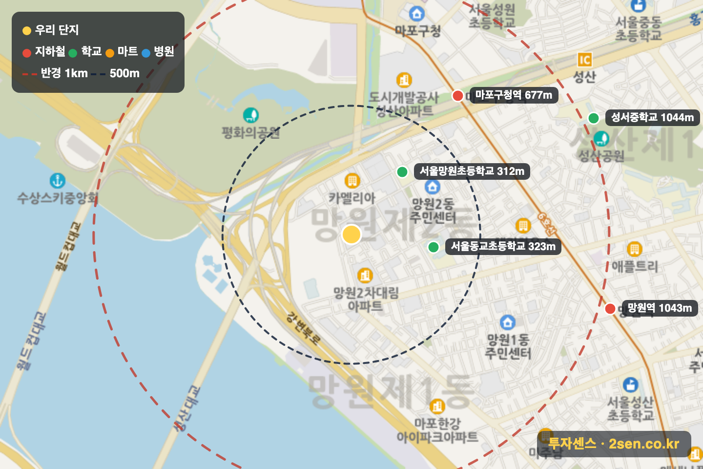 휴먼빌 반경 1km 입지 지도(지하철·학교·마트)