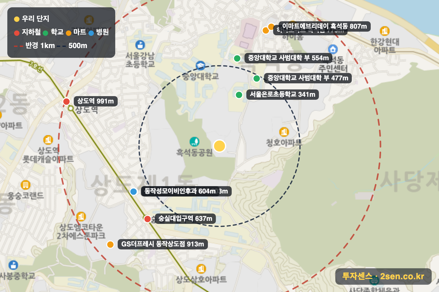 흑석동양아파트 반경 1km 입지 지도(지하철·학교·마트)
