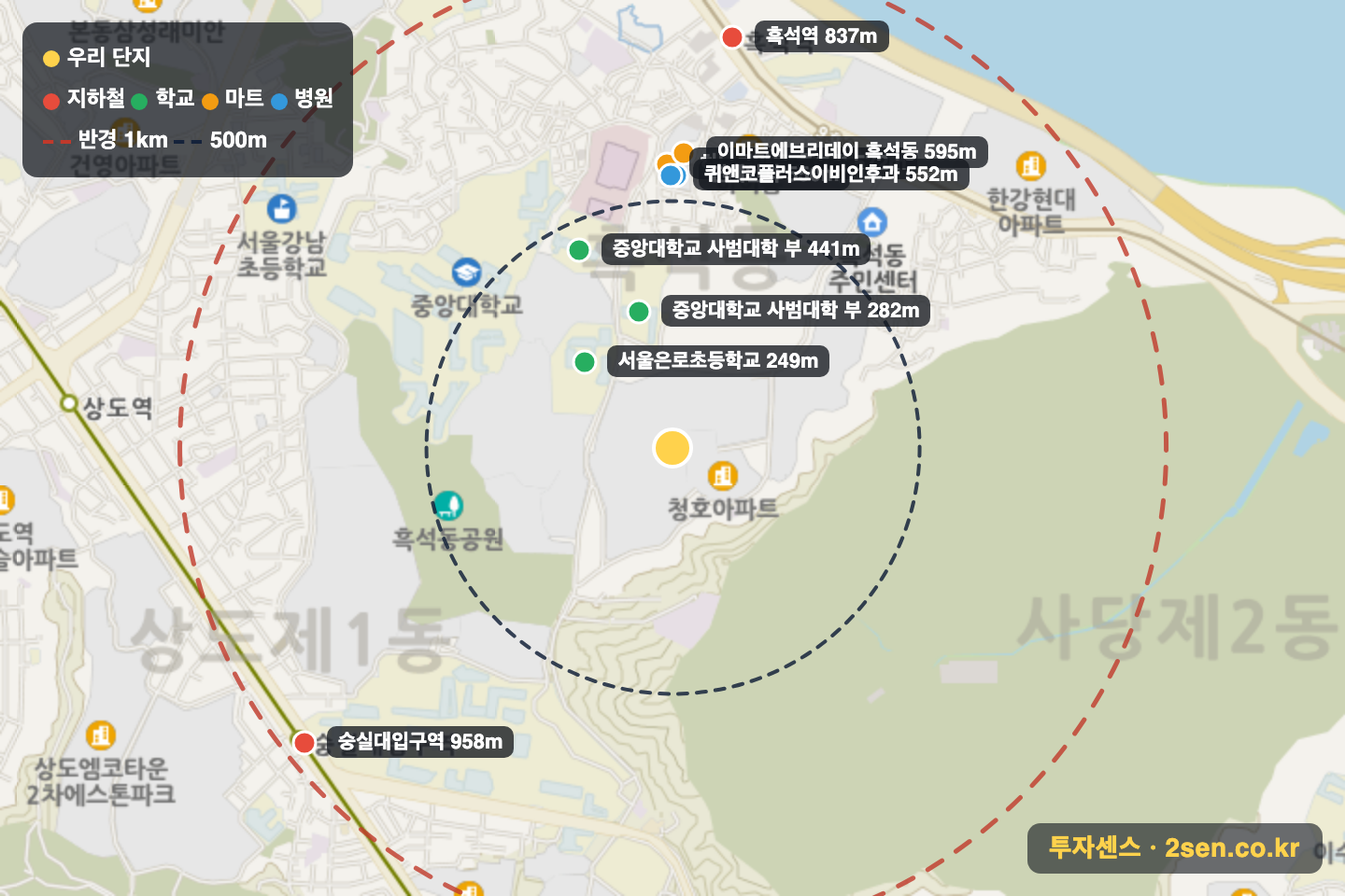 흑석리버파크자이 반경 1km 입지 지도(지하철·학교·마트)