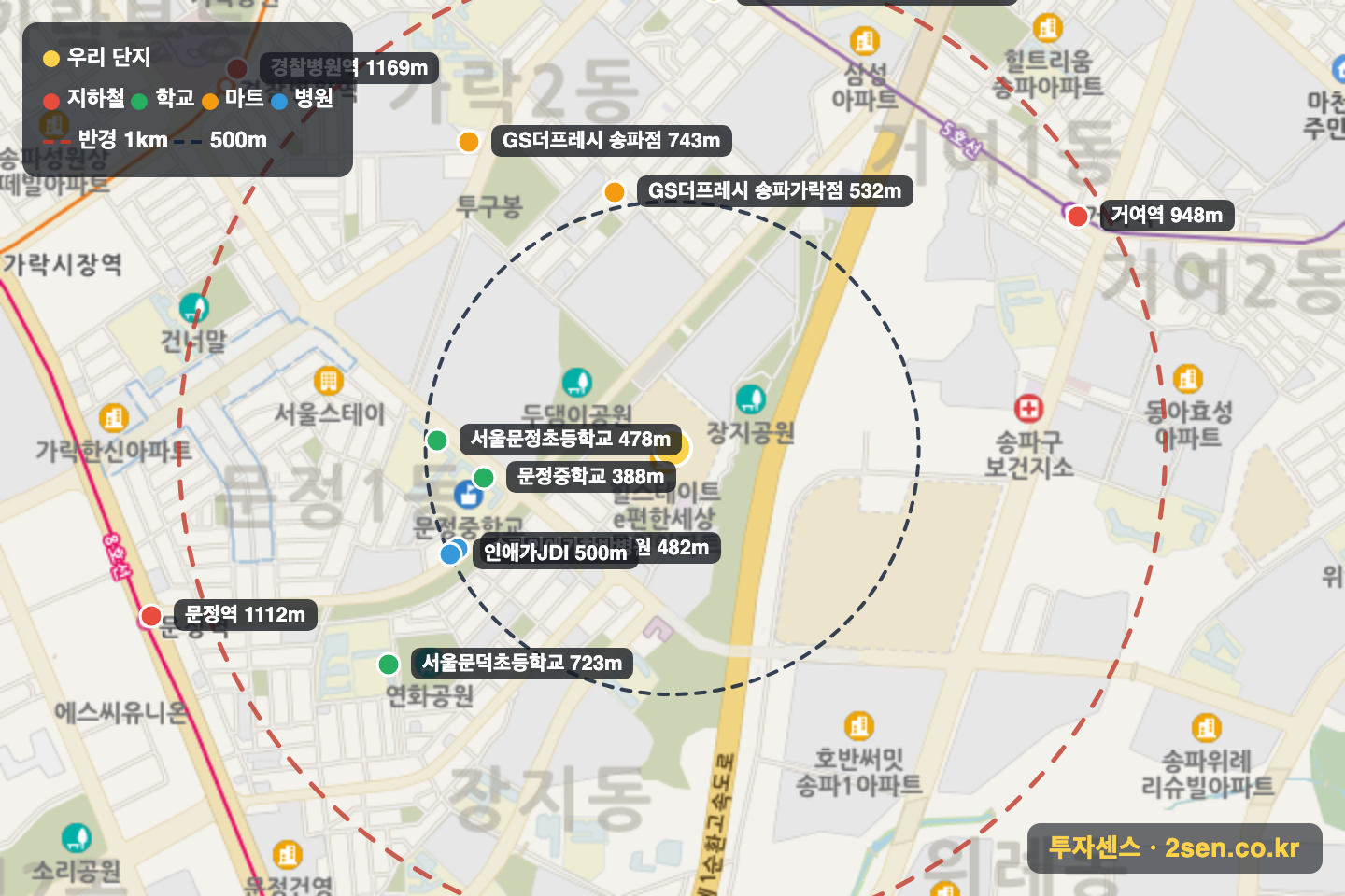 힐스테이트e편한세상문정 반경 1km 입지 지도(지하철·학교·마트)