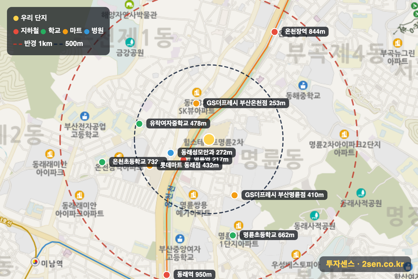 힐스테이트명륜트라디움 반경 1km 입지 지도(지하철·학교·마트)