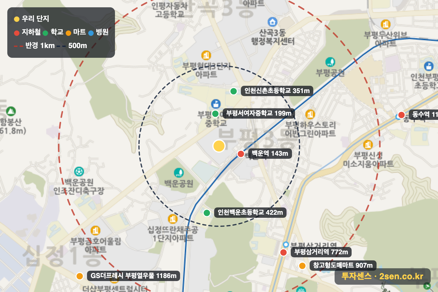 힐스테이트부평 반경 1km 입지 지도(지하철·학교·마트)