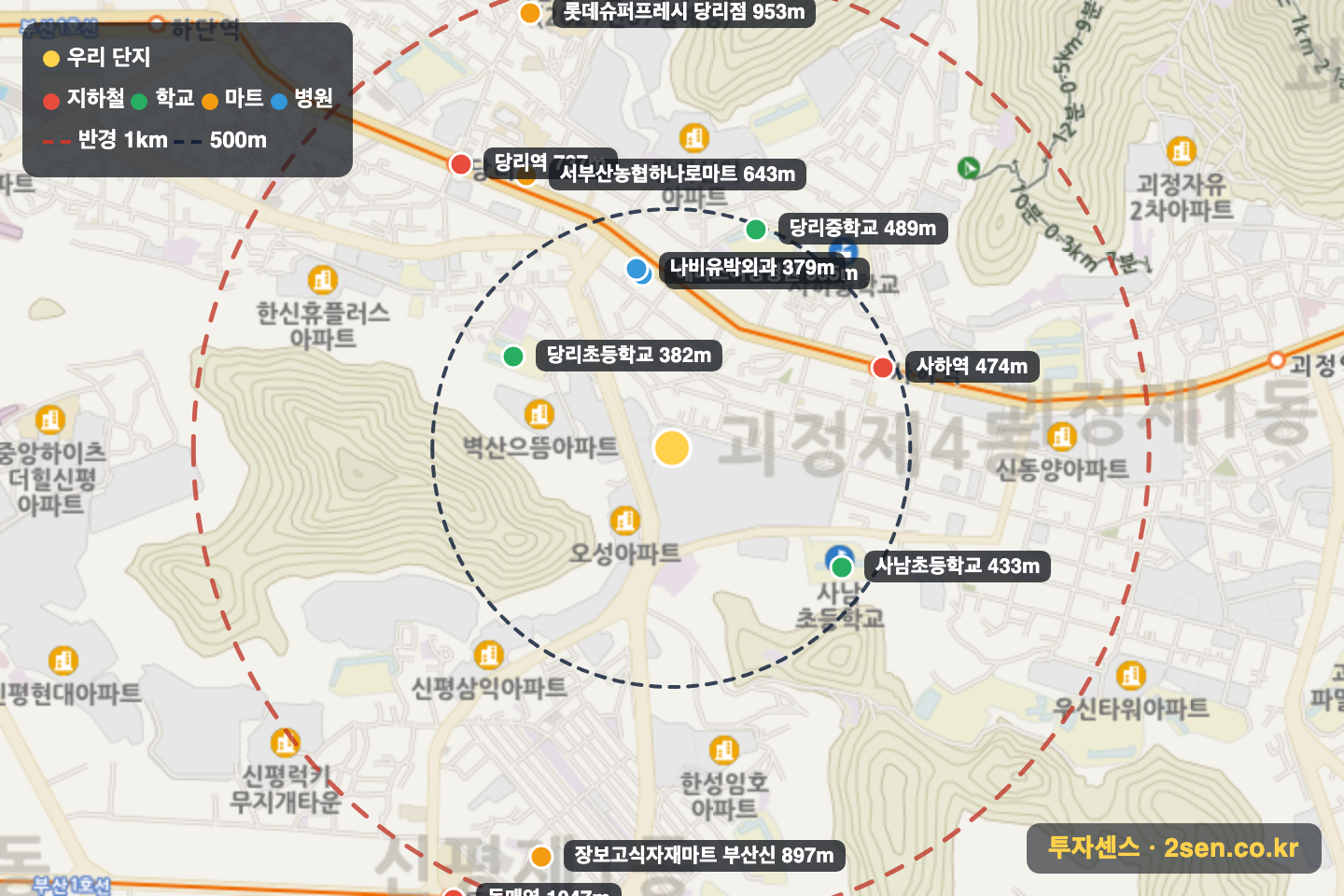 힐스테이트사하역 반경 1km 입지 지도(지하철·학교·마트)