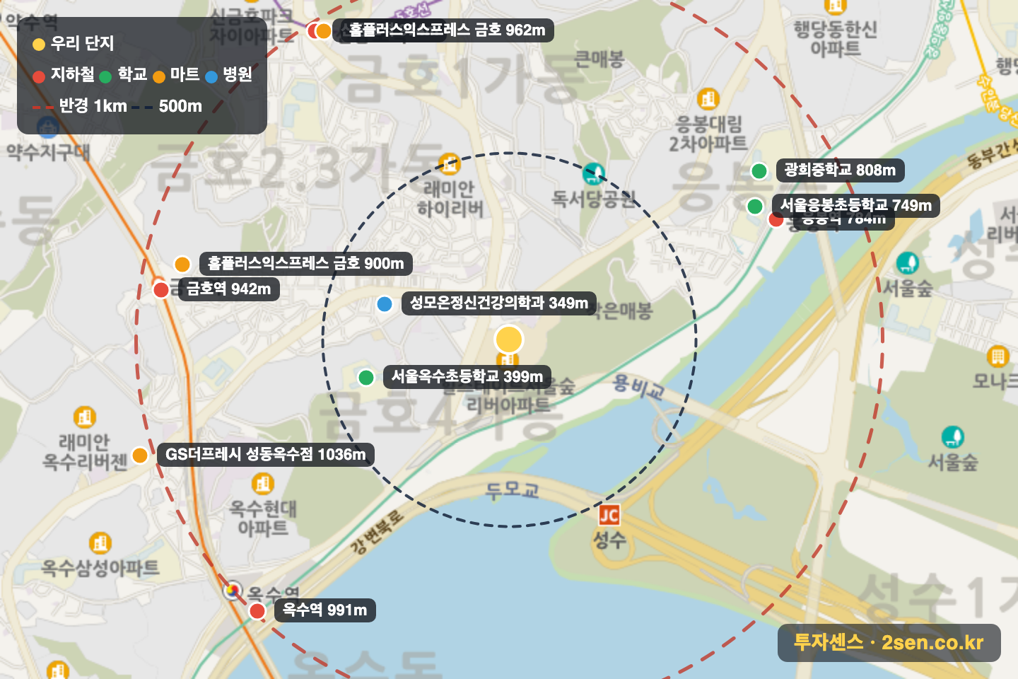 힐스테이트서울숲리버 반경 1km 입지 지도(지하철·학교·마트)