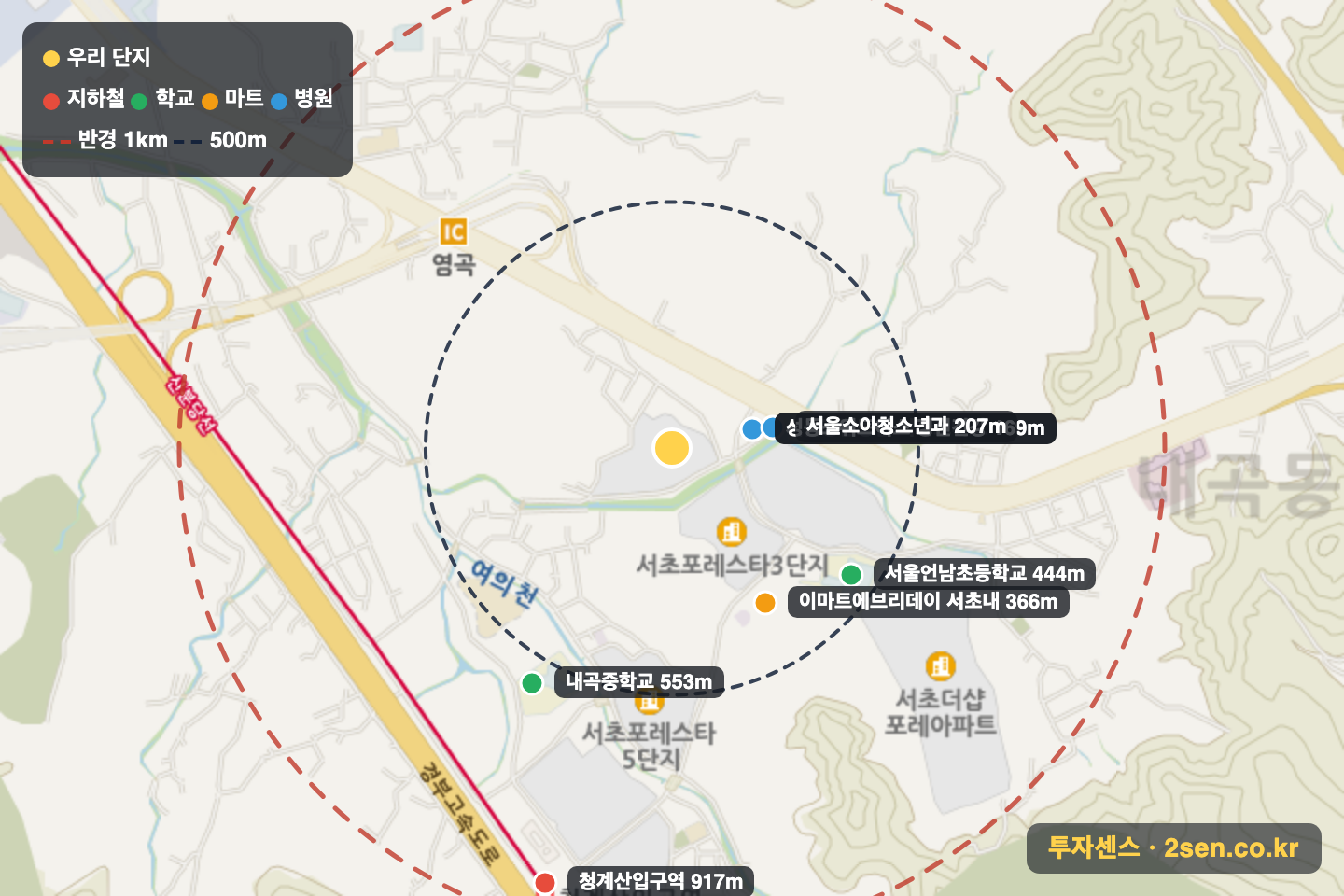 힐스테이트서초젠트리스 반경 1km 입지 지도(지하철·학교·마트)