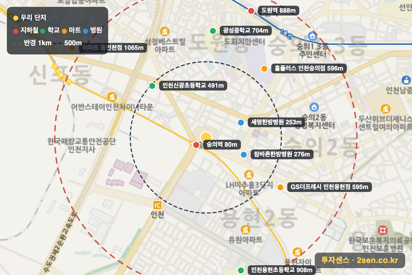 힐스테이트숭의역 반경 1km 입지 지도(지하철·학교·마트)
