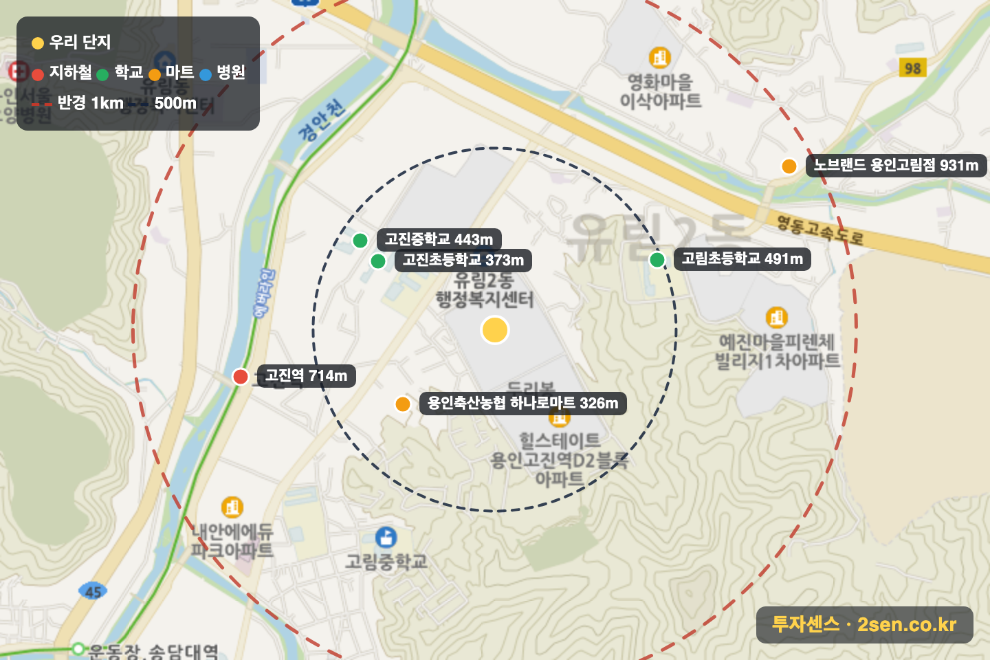힐스테이트용인고진역1단지 반경 1km 입지 지도(지하철·학교·마트)
