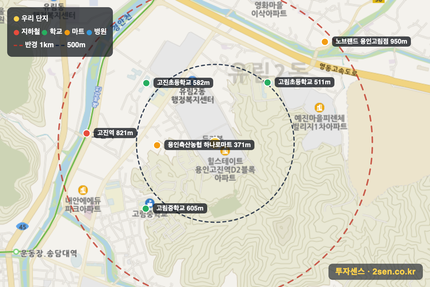 힐스테이트용인고진역2단지 반경 1km 입지 지도(지하철·학교·마트)