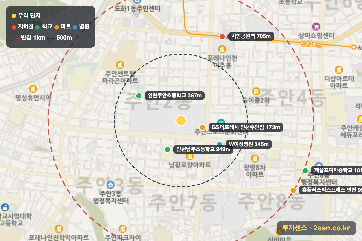 힐스테이트푸르지오주안 반경 1km 입지 지도(지하철·학교·마트)
